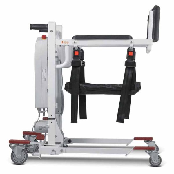 Patient transfer lift chair displayed in a shower setting, showcasing its waterproof design