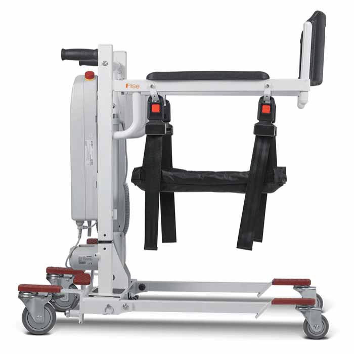 Patient transfer lift chair displayed in a shower setting, showcasing its waterproof design