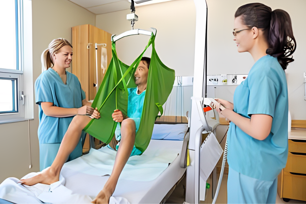 A variety of a Patient Hoyer lift sling, including full-body, U-shape, and toileting slings, used for safe and comfortable patient transfers.