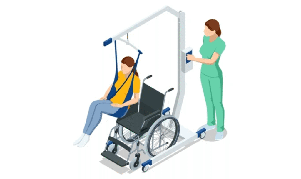 Caregiver using patient transfer equipment for safe elderly care at home