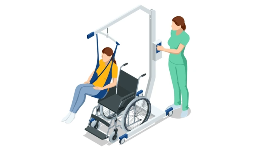 Caregiver using patient transfer equipment for safe elderly care at home
