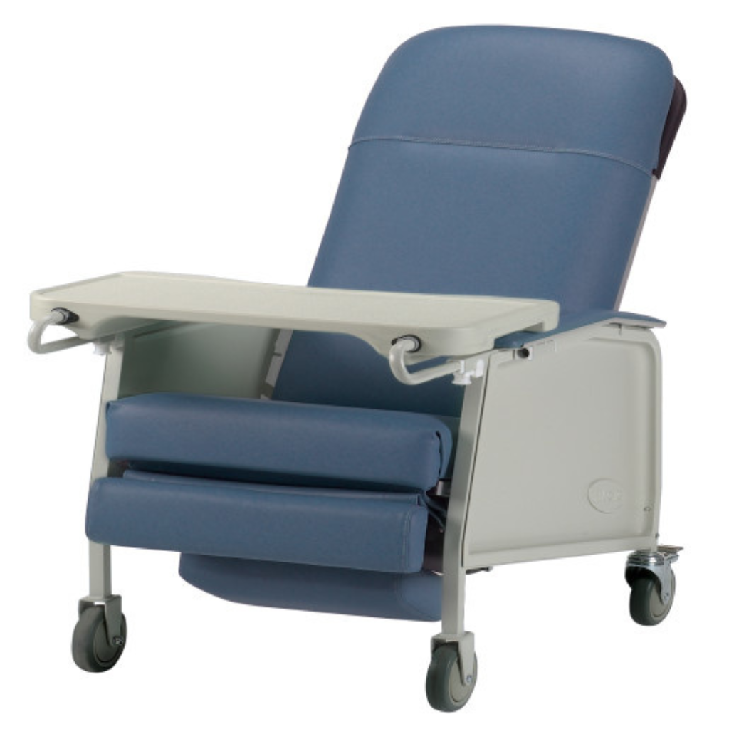 Invacare gerry chair three-position recliner in Blueridge with fold-under footrests, tray, and articulating headrest