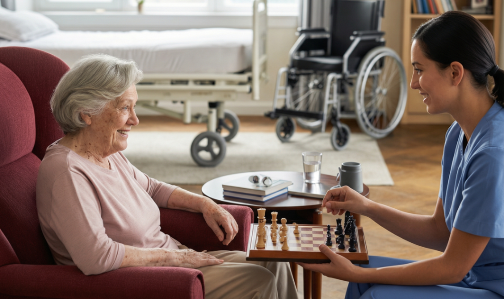 Elderly woman receiving compassionate care at home from a caregiver, illustrating elderly care at home, aging in place safety, and dignified senior support