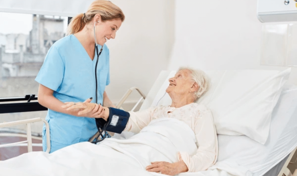 Elderly patient receiving compassionate care at home with hospital beds for home use