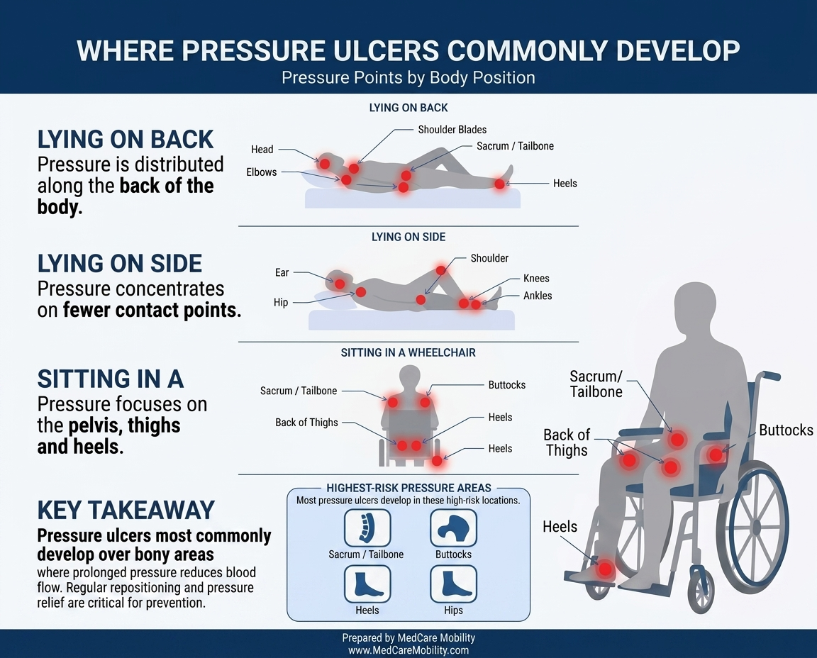 Educational infographic showing common pressure ulcer locations for patients lying on their back, lying on their side, and sitting in a wheelchair, highlighting high-risk areas including the sacrum, tailbone, buttocks, heels, hips, ankles, shoulders, and elbows.