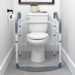 Wonder toilet safety rail with adjustable height, ergonomic foam handles, folding frame, and freestanding bathroom support for elderly users