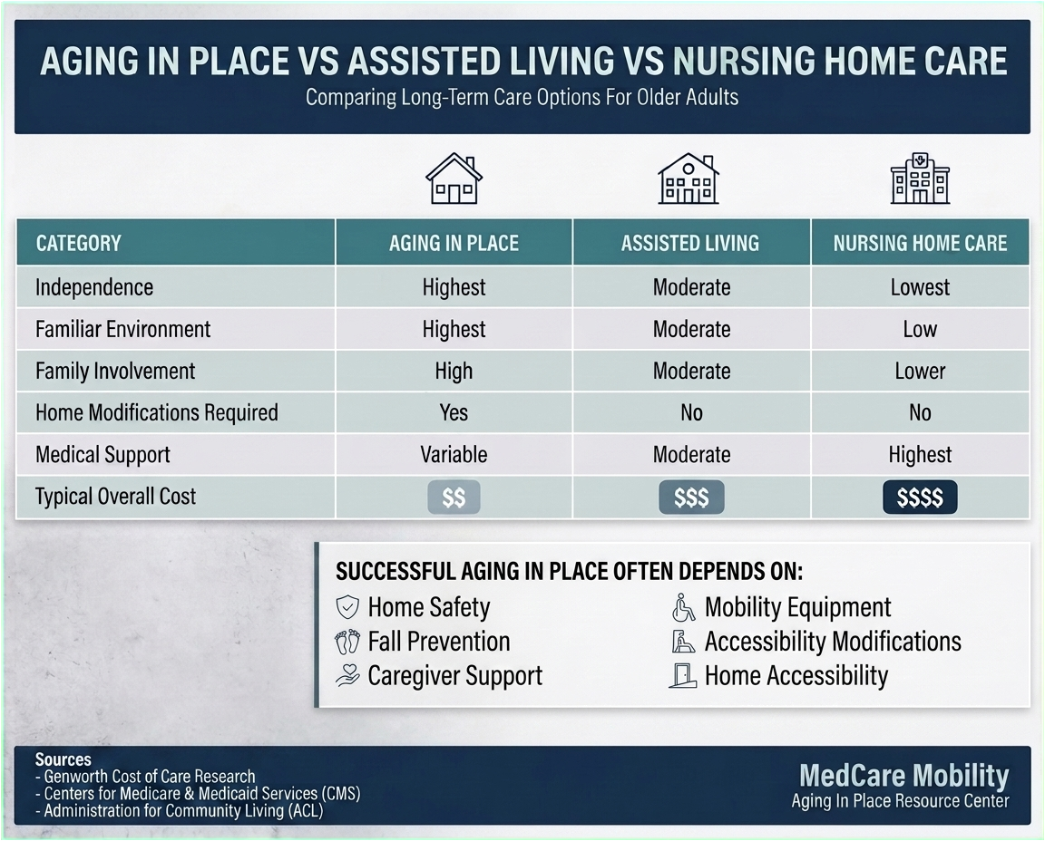 Aging in place cost comparison infographic comparing home care, assisted living, nursing homes, hidden costs and caregiver expenses