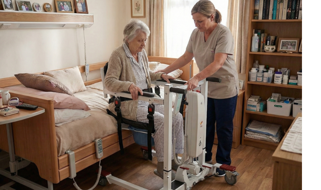 Patient lift transfer chair example used for safer bed-to-chair and toilet transfers in home care and long-term care
