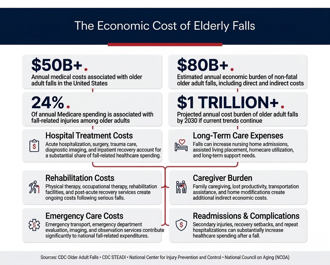Economic cost of elderly falls infographic showing annual medical costs, economic burden, Medicare spending impact, hospital treatment costs, rehabilitation costs, emergency care costs, long-term care expenses, caregiver burden, and readmissions