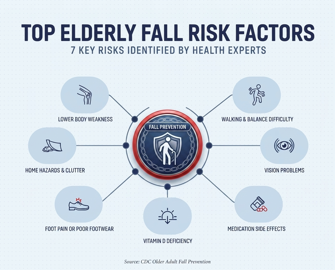 Elderly fall prevention strategies checklist infographic showing safer patient rooms, proper lighting, bathroom safety, patient transfers, mobility assistance, walker and wheelchair safety, medication review, pressure redistribution, and nighttime safety