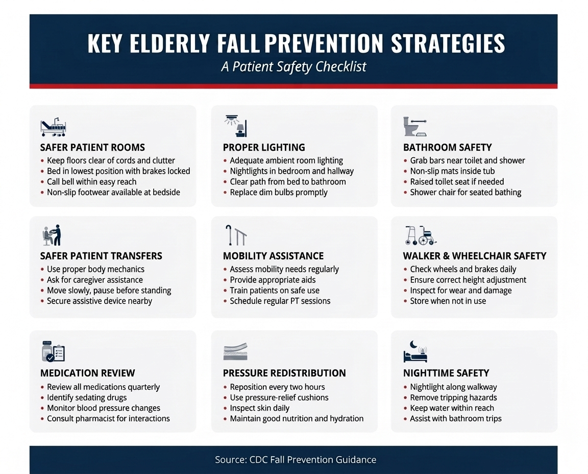 Elderly fall risk factors infographic showing lower body weakness, balance difficulty, vision problems, medication side effects, vitamin D deficiency, foot pain, poor footwear, and home hazards