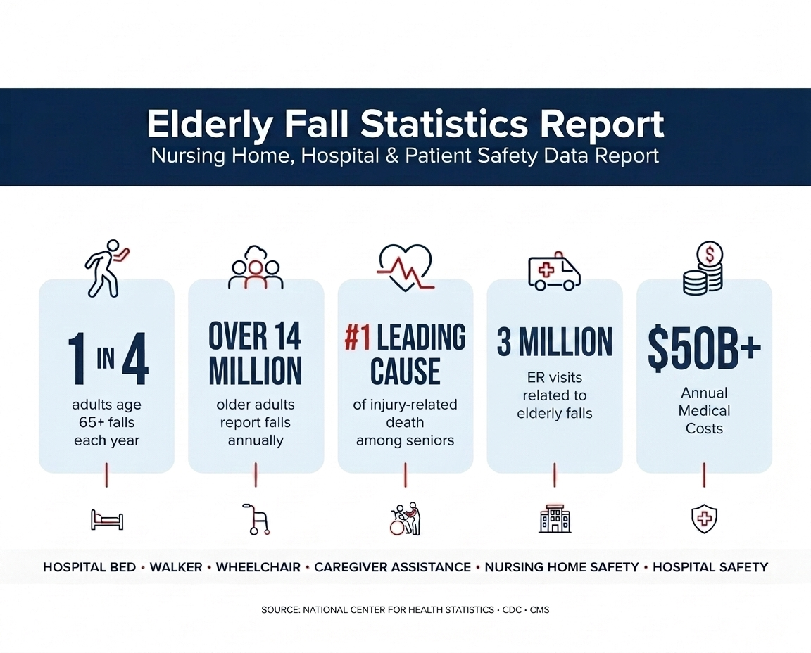 Elderly fall statistics infographic showing one in four seniors fall annually, over 14 million older adults report falls, 3 million ER visits, and major healthcare costs