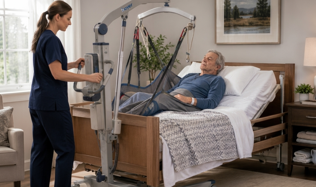 Caregiver preparing a bedridden elderly patient transfer using an electric Hoyer lift and full-body patient sling in a homecare bedroom