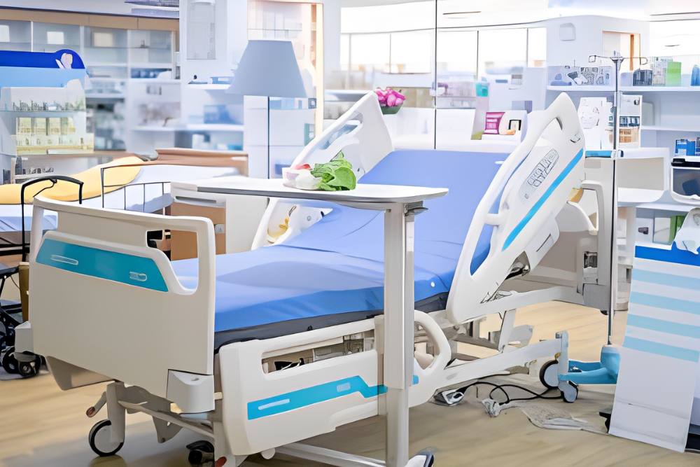 Hospital bed for home use in a patient room