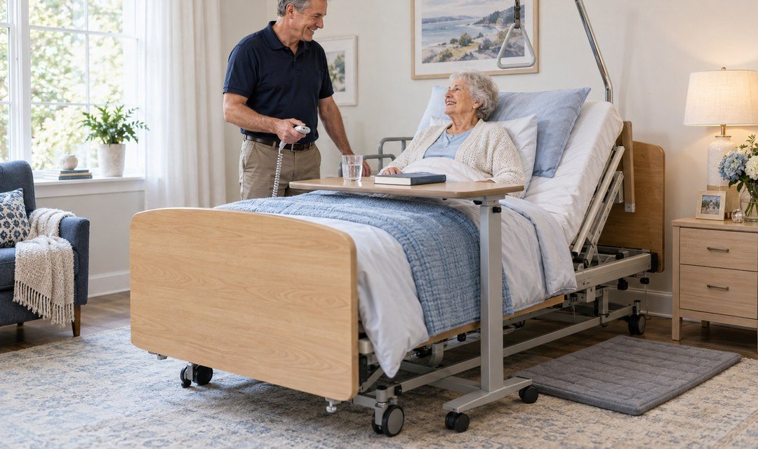 Son adjusting his mother's home hospital bed to a semi-upright position, with trapeze, half rail, overbed table and floor mat