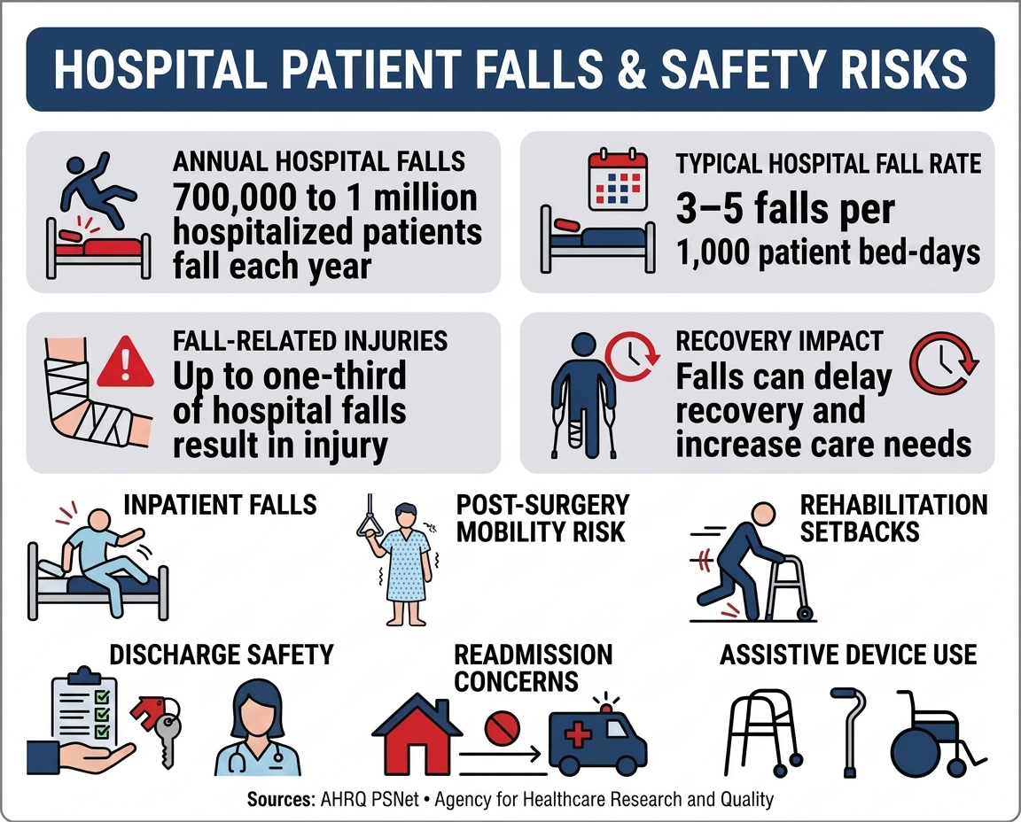 Hospital fall statistics infographic showing annual hospital falls, patient bed-day fall rates, fall-related injuries, recovery delays, discharge safety, readmission concerns, and assistive device use