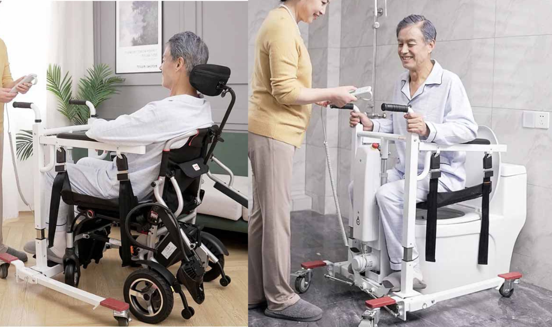 Elderly patient seated in one of the best patient transfer lift chairs with caregiver assistance.