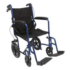 LT-1000HB lightweight transport wheelchair with 12-inch rear wheels, folding backrest, and swing-away footrests for safe and easy mobility.