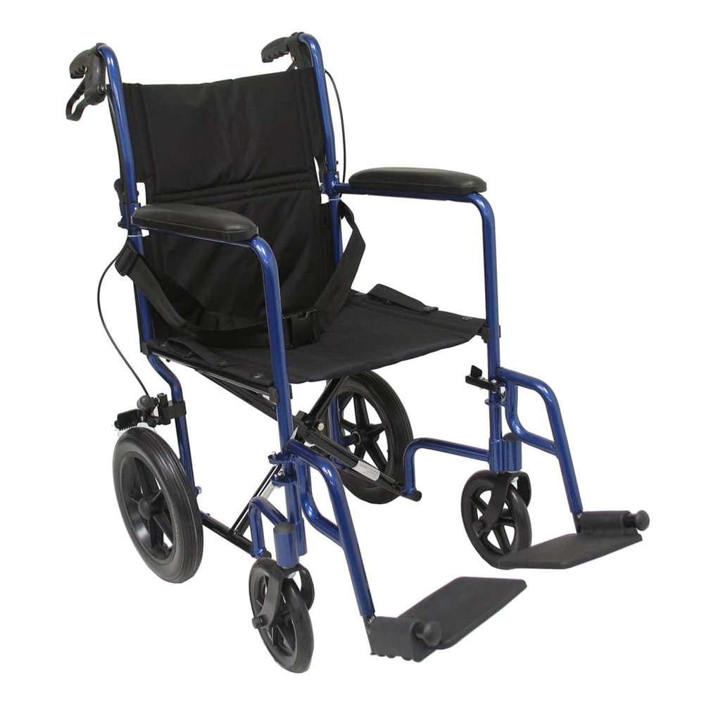LT-1000HB lightweight transport wheelchair with 12-inch rear wheels, folding backrest, and swing-away footrests for safe and easy mobility.