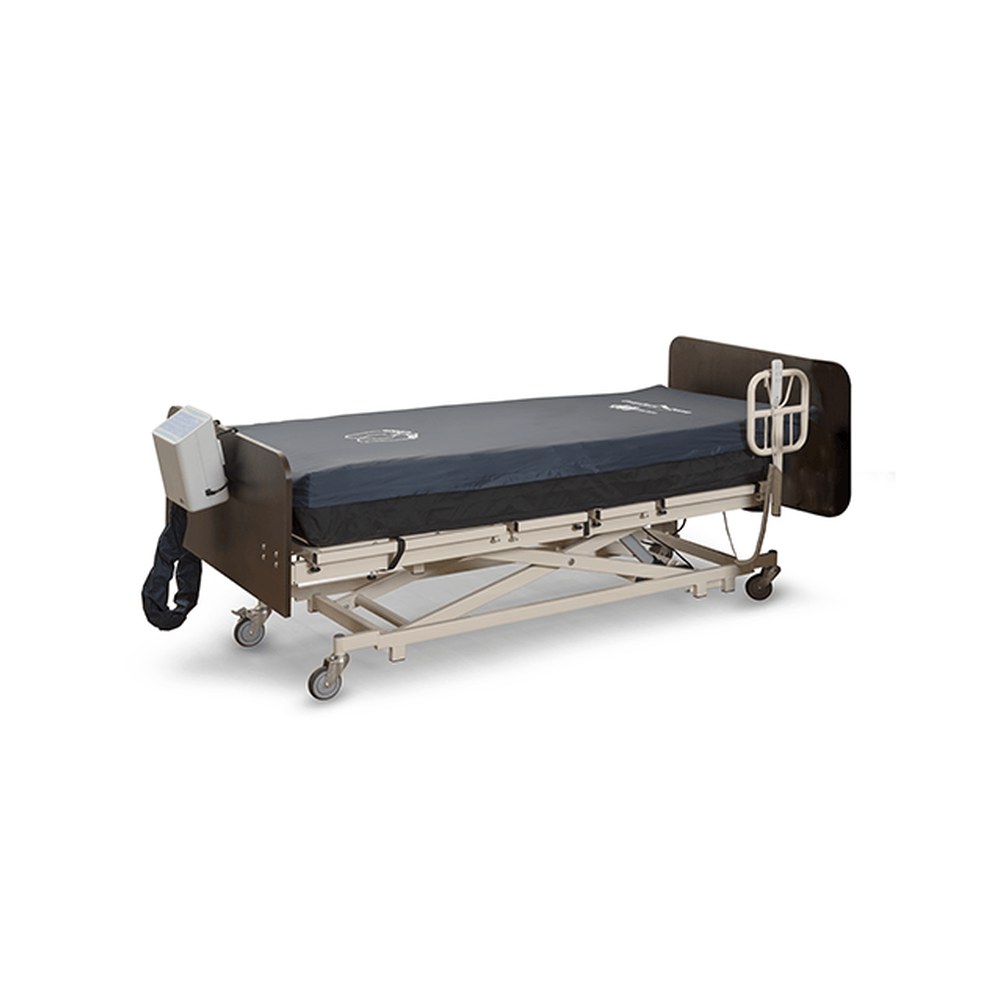 Alternating pressure mattress with low air loss: Medacure Comfort Zone on a hospital bed with digital pump