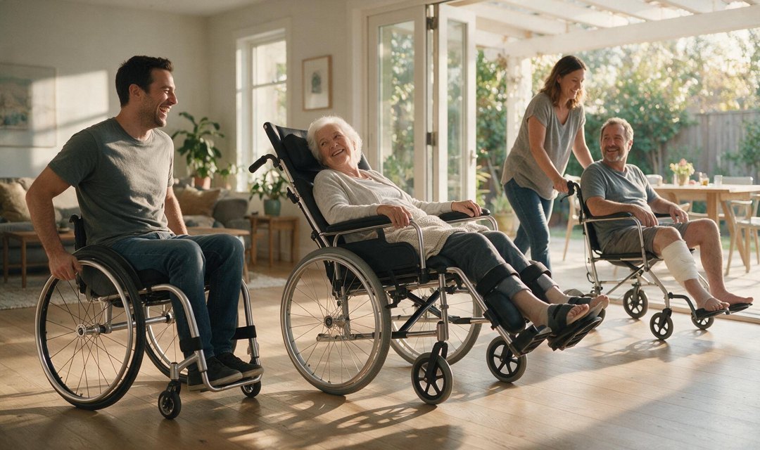 A man in his 30s rolling a lightweight wheelchair, a senior woman resting in a high back reclining wheelchair with elevating legrests, and a caregiver pushing a man in a transport chair toward the patio