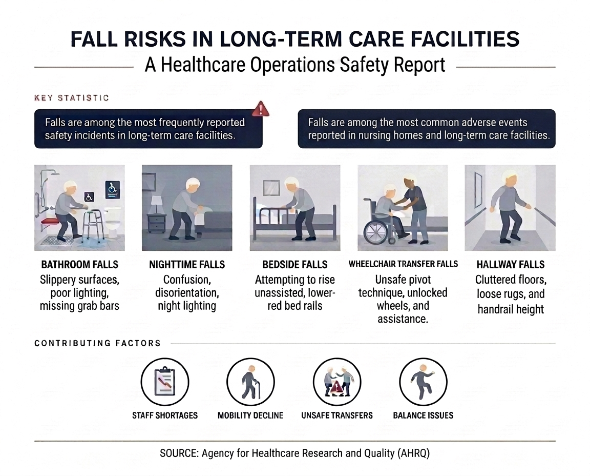 Nursing home fall statistics infographic showing bathroom falls, nighttime falls, bedside falls, wheelchair transfer falls, hallway falls, staffing shortages, mobility decline, unsafe transfers, and balance issues