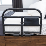 Bed guard rail for elderly with 27 inch safety rail, heavy-duty assist handle, organizer pouch, and secure bed frame safety strap