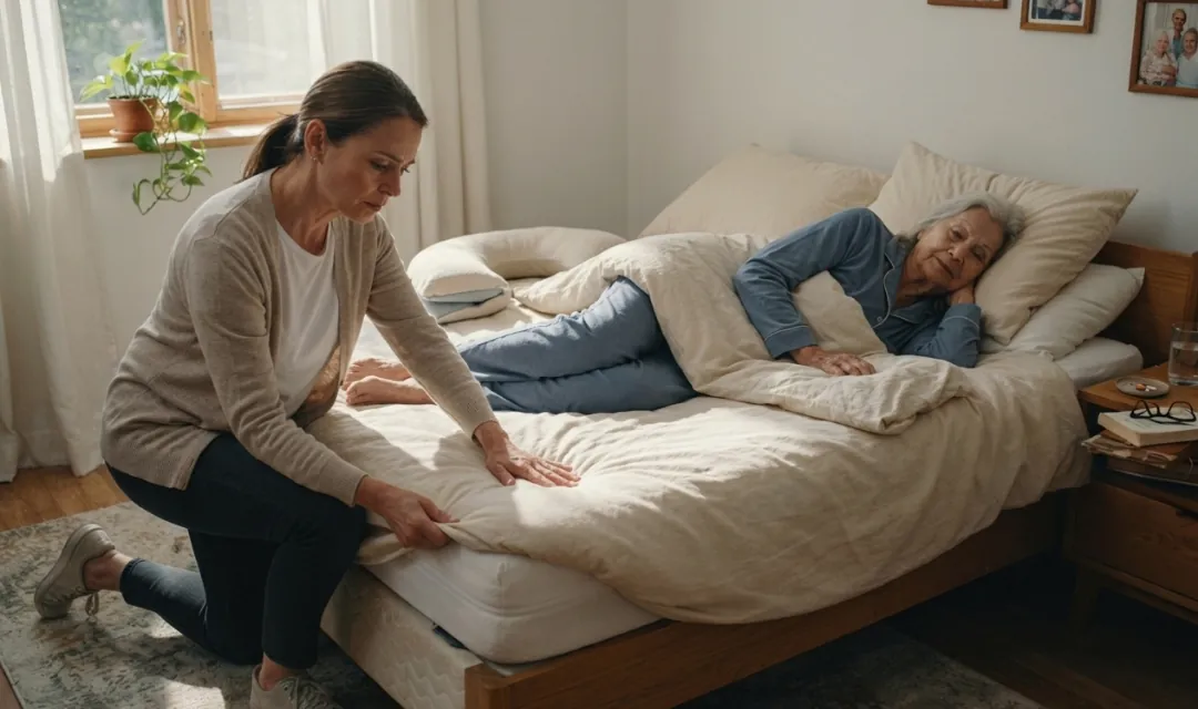 Caregiver checking a hospital bed mattress for signs it is raising bed sore risk