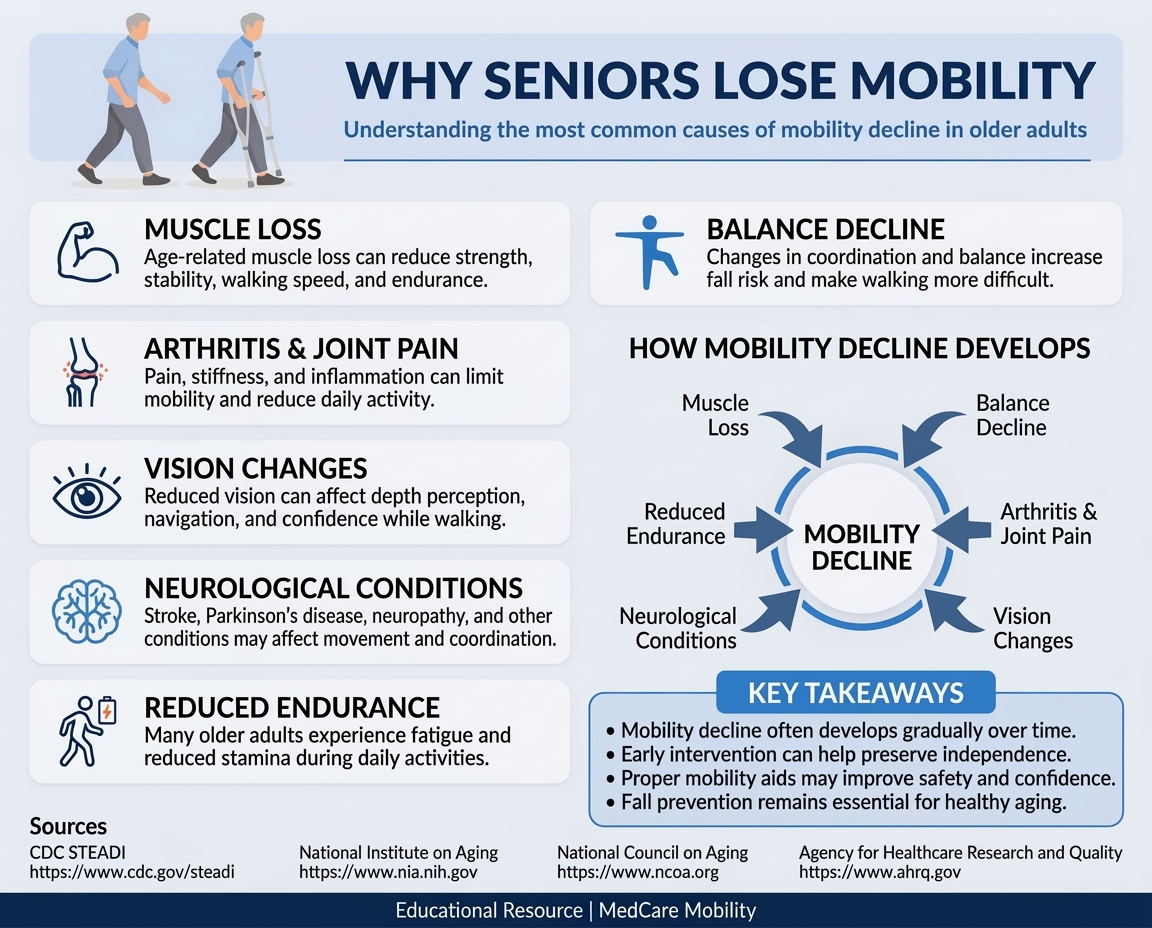 Healthcare infographic explaining the six most common causes of mobility decline in older adults, including muscle loss, balance decline, arthritis and joint pain, vision changes, neurological conditions, and reduced endurance.